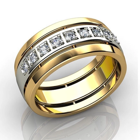 Two Tone Band Ring Copper Cubic Zirconia Inlay Wide Modern Simple Unisex Jewelry High Polish