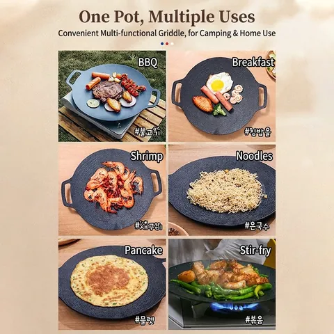 Korean Barbecue Grill Pan Aluminum Non Stick Maifan Stone Coating Portable Round Baking Tray With Dual Handles For Camping
