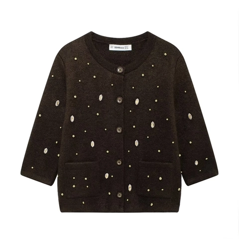 Cardigan In Maglia Da Donna Elegante Girocollo Mezza Manica Monopetto Bottone Top Strass Borchie Dorate Maglione Marrone