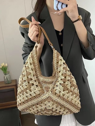 Crochet Paper Straw Shoulder Bag With PU Leather Strap Hollow Out Woven Contrast Color Summer Vacation Tote For Women
