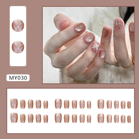 Short Champagne Cat Eye Press On Nails White Butterfly Pattern Round Square Fake Nails For Women