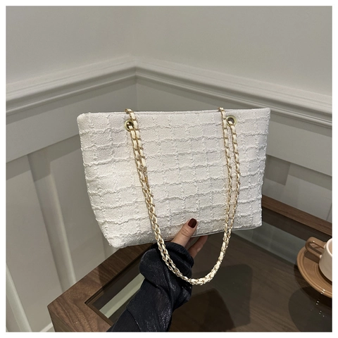 Damen Tote Bag Mit Großer Kapazität Strukturierter Tweedstoff Metallkettenriemen Koreanisch Einfache Elegante Schultertasche