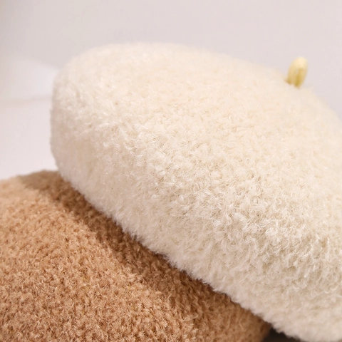 Women Beret Hat Lamb Wool Solid Color Warm Winter Korean Fashion Sweet Artist Cap Decorative Top Loop