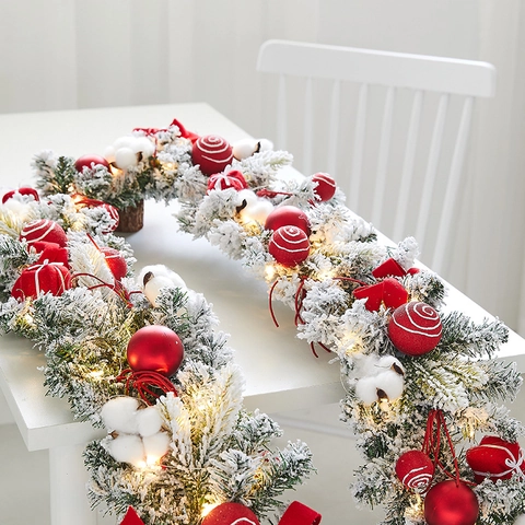 Christmas Garland Flocked Snow Pine Cones Berries LED Lighted Xmas Decoration Mantel Window Door Table Stairs Aesthetic
