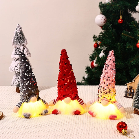 Gnome De Noël LED Chapeau Pointu À Paillettes Poupée Peluche Barbe Lumineuse Décoration De Table Cadeau De Fête