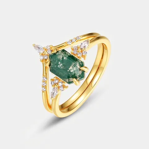Anello in Argento Sterling 925 Vintage con Agata Muschiata Impilabile Geometrico Verde Agata Placcato Oro Gioielli per Donna