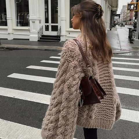Women Cable Knit Pullover Dick Oversized Rundhalsausschnitt Lose Passform Vintage Retro Lässig Langarm Strickwaren