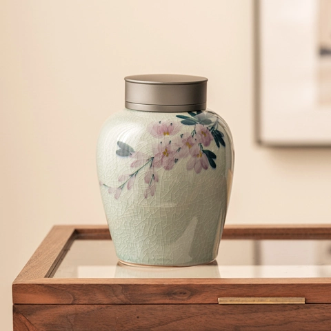 Barattolo Per Tè In Ceramica Smalto Craquelé Dipinto A Mano Magnolia Contenitore Con Coperchio In Metallo Ermetico