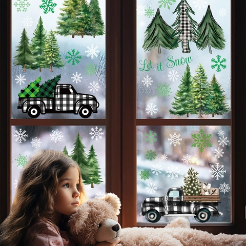 Christmas Window Clings Static Stickers Double Sided Snowflake Santa Reindeer Tree Truck Glass Decals Holiday Home Decor