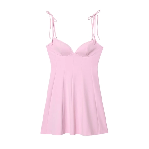 Women Summer Sweet Bow Tie Strap Mini Dress French Bustier Style A-Line Silhouette Macaron Solid Colors Sleeveless Fashion Dress