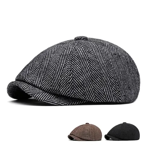 Herren Schiebermütze Wollmischung Fischgrätenmuster Tweed Achteckige Mütze Verstellbar Winter Herbst Vintage