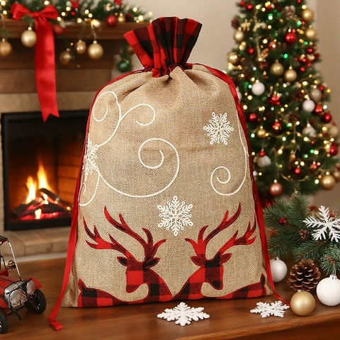 Weihnachtsgeschenkbeutel Aus Jute Kordelzugbeutel Karomuster Rentier Schneeflocke Festliche Süßigkeitentasche Partydeko