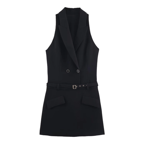 Sleeveless Blazer Dress Women Double Breasted Solid Black Mini Dress With Belt Elegant Office Wear Polyester