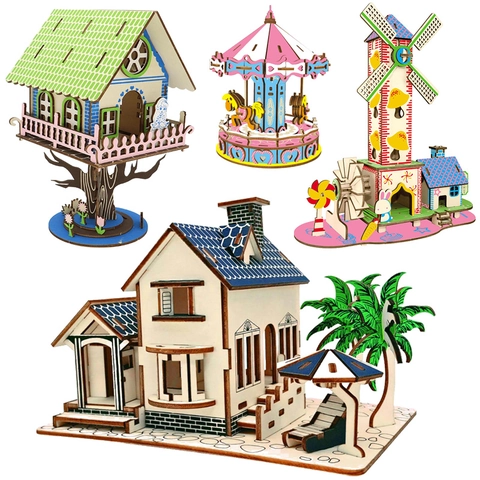 3D Wooden Puzzle DIY Assembly Building Model Architecture House Carousel Educational Brain Teaser Toy For Kids