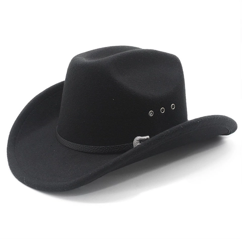 Western Cowboy Hat Wool Felt Wide Brim Retro Fedora With Belt Buckle Breathable Eyelets For Sun Protection Unisex
