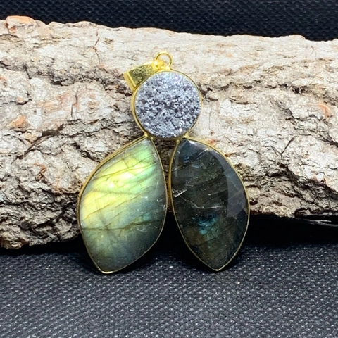 Natural Labradorite Druzy Agate Pendant Necklace Gold Plated Copper Symmetric Leaf Bohemian Vintage Ethnic Jewelry