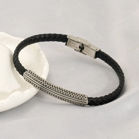 Bracciale Da Uomo In Pelle Intrecciata Con Barra In Acciaio Inossidabile Moda Retrò Texture Puntinata Gioielli
