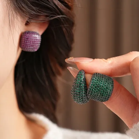 Vintage Copper Zircon Pave Geometric Stud Earrings With Silver Earring Post For Women Luxury Minimalist Jewelry