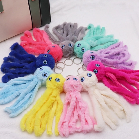 Cute Plush Octopus Keychain Faux Fur Animal Bag Charm Soft Pom Pom Pendant For Backpack Handbag Women Kids Gift Daily Accessory