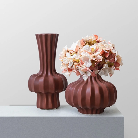 Modern Minimalist Ceramic Vase Ribbed Pleated Texture Matte Decorative Flower Pot Home Living Room Office Decor Accessory