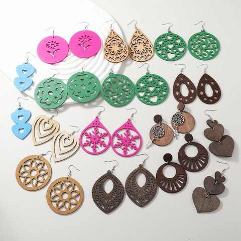 Pendientes Colgantes De Madera Geométricos Vintage Calados Redondos Corazón Joyas Bohemias Étnicas Para Mujer