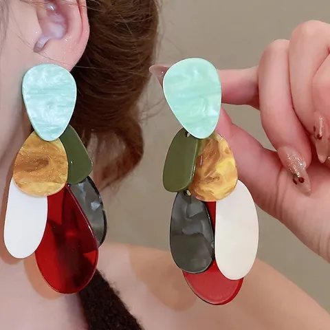 Orecchini Pendenti Acrilico Perno Argento 925 Geometrici A Forma Di Ciottolo Goccia D'Acqua Vintage Chic