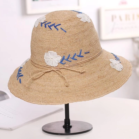 Women Straw Sun Hat With White Fabric Flowers Blue Embroidery Wide Brim Breathable Summer Vacation Beach Bucket Hat