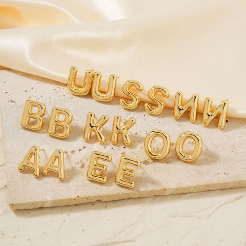 Copper Bubble Letter Stud Earrings For Women High Polish Gold 3D Balloon Alphabet Initial Earrings Jewelry Inlaid Zirconia