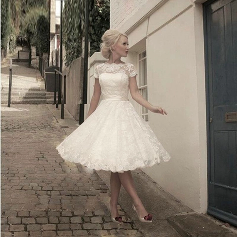 Abito Da Sposa Corto In Pizzo Linea A Collo Vuoto Maniche Corte Fiocco In Raso Elegante Per Donna