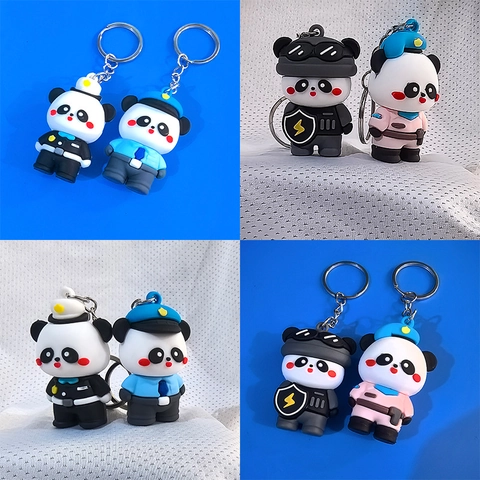 Cartoon Panda Schlüsselanhänger Silikon PVC Uniform Polizei SWAT Design Taschenanhänger Auto Schlüsselring Kawaii Deko