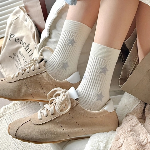 Women Mid Calf Crew Socks Combed Cotton Ribbed Knit Star Bow Pattern Breathable Elastic Trendy Fashion Socks