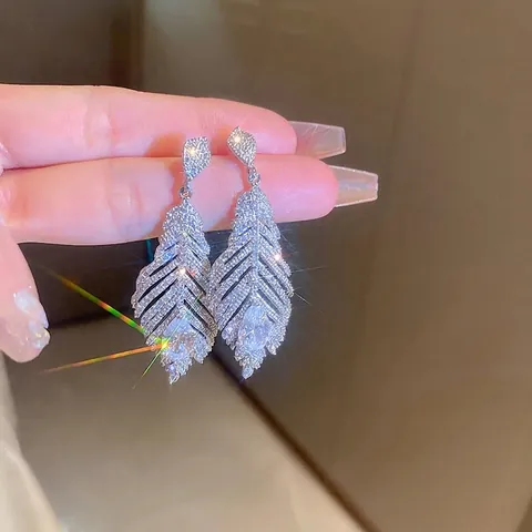 Luxury Feather Waterdrop Dangle Earrings For Women Copper Zircon Inlaid Elegant Jewelry With Silver Earring Post