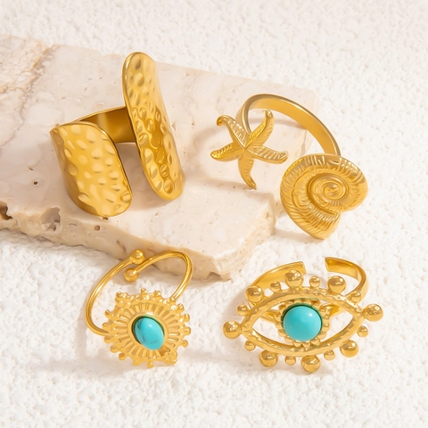 Bohemian Stainless Steel Open Ring For Women 18K Gold Plated Starfish Conch Evil Eye Turquoise Stone Adjustable Jewelry