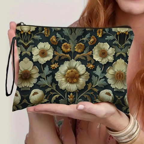 Vintage Blumen Make-up Tasche Leinen Polyester Kosmetiktasche Reißverschluss Kulturbeutel Organizer Mit Handschlaufe Für Damen