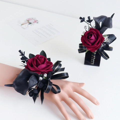 Hochzeit Ansteckblume Und Handgelenk Corsage Dunkelrot Samt Rose Schwarz Callalilie Gothic Schleife Abschlussball Party Zubehör