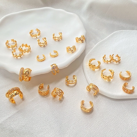 Ear Cuff Clip Oorbel Zonder Piercing Messing 18K Verguld Zirkoon Vlinder Bloem Geometrisch Ontwerp Sieraden Dames