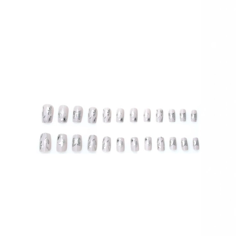 Faux Ongles Papillon Doré Fleur Carré Court Motif Métallique Élégant Avec Languettes de Colle en Gelée et Lime à Ongles