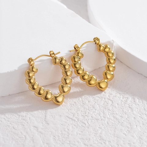 Vintage Stainless Steel Hoop Earrings Textured Chunky Geometric Heart Beaded Simple Gold Plated Jewelry For Women