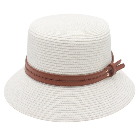 Women Paper Straw Bucket Hat Wide Brim Summer Beach Sun Protection Faux Leather Belt Ribbon Elegant Breathable
