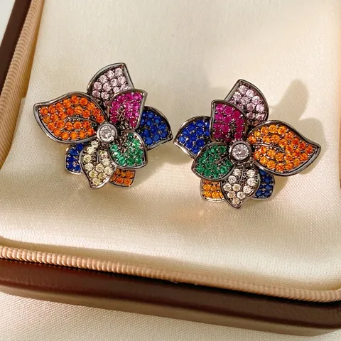 Boucles D'oreilles À Tige Fleur En Cuivre Avec Zircone Cubique Multicolore Et Tige En Argent Style Vintage Femmes