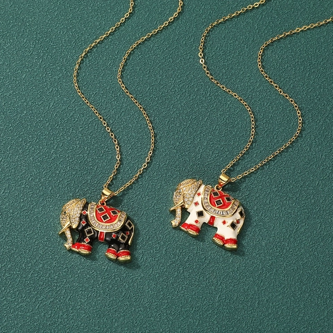 Elephant Pendant Necklace Retro Ethnic Style Gold Plated Brass With Zirconia Enamel Boho Jewelry For Women