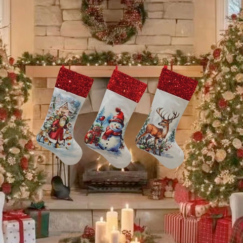 Christmas Stocking With Red Sequin Cuff Fabric Hanging Sock For Holiday Fireplace Decor Santa Snowman Reindeer Style