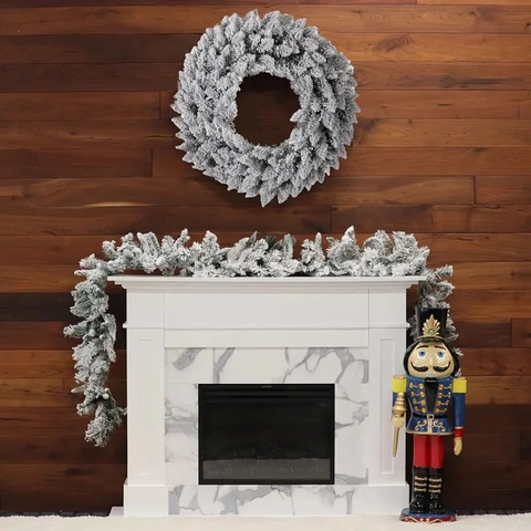 Artificial Christmas Wreath Garland Flocked Snowy White Pine Needle PVC Winter Holiday Home Decor Door Wall Stair Hanging