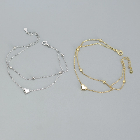 925 Sterling Silver Double Layer Bracelet Heart Pendant Metal Beads Adjustable Minimalist Sweet Jewelry For Women