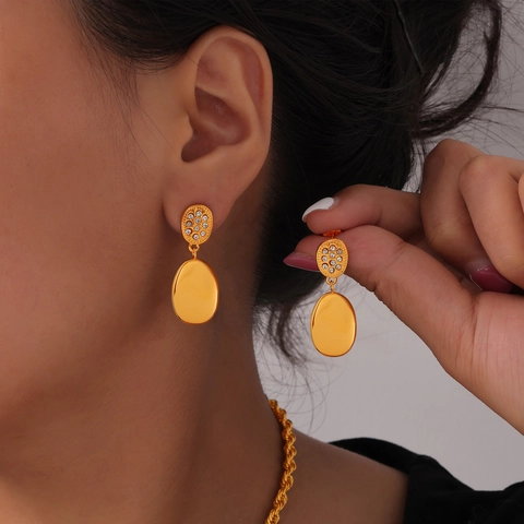 Minimalistische Oval Hängeohrringe Edelstahl Zirkon Strass Eingelegt Geometrisch Vergoldet Mode Schmuck Für Damen
