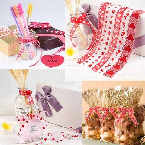 Heart Print Decorative Ribbons Polyester Sheer Gauze For Valentines Day Wedding Gift Wrap DIY Crafts Red White