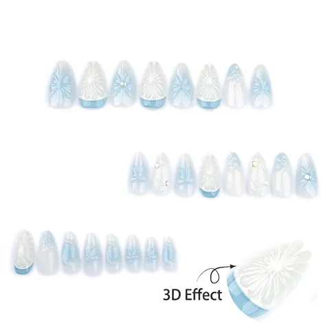 Blue White Gradient Press On Nails Long Almond French Style 3D Relief Bowknot Flower Rhinestone Removable False Nails