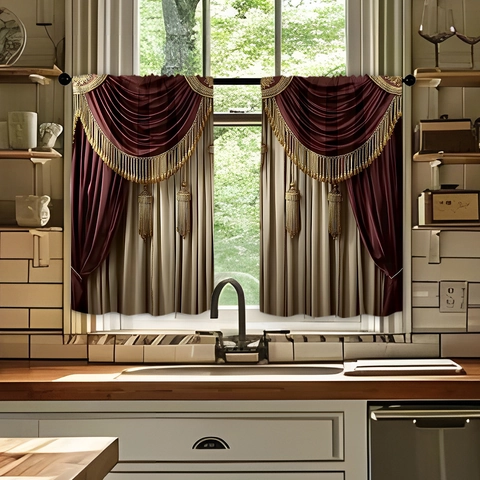 Kitchen Curtains Valance Polyester Waterproof Oil-proof Decorative Tassels European Luxury Christmas Style Window