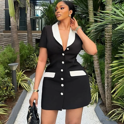 Damen Mini Kleid Im Blazer Stil Kontrastfarben Kurzarm Schmale Passform Einreihiger Reverskragen Elegant