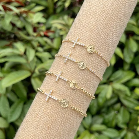 18K Gold Plated Copper Cross Zirconia Bracelet Religious Virgin Mary Saint Jude Medal Adjustable Link Bead Chain Jewelry